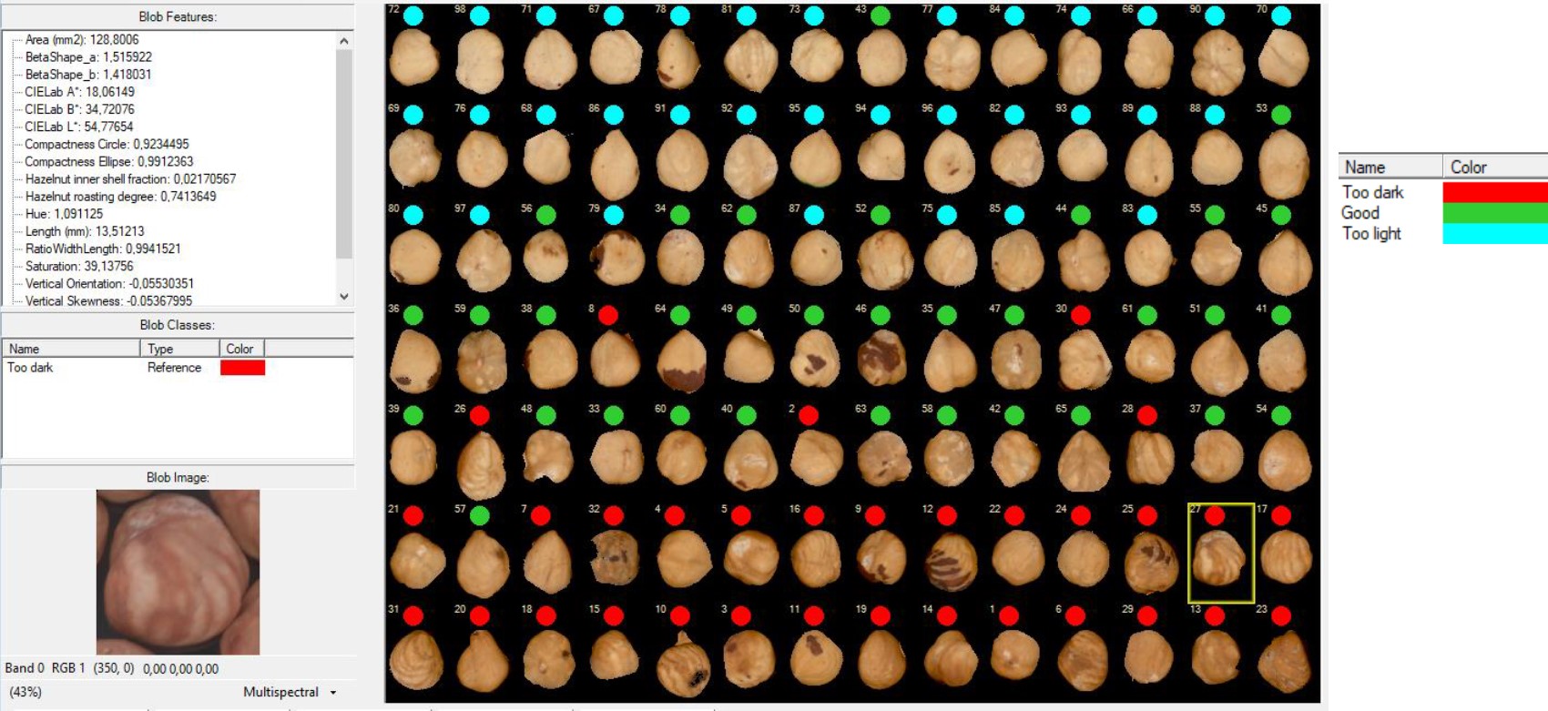 Hazelnuts classified by roasting degree